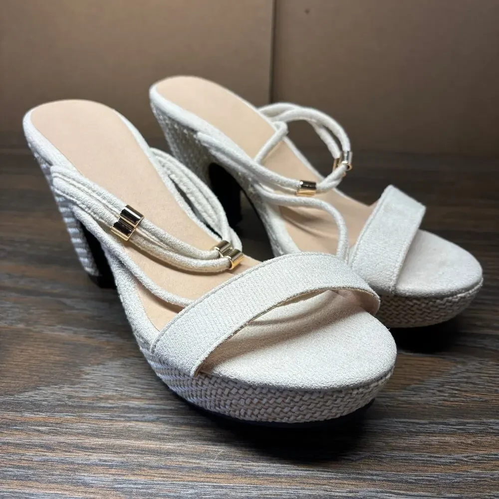June Joan & Jenny Platform Block High Heel 38 US7.5 Cream Strappy Sandals